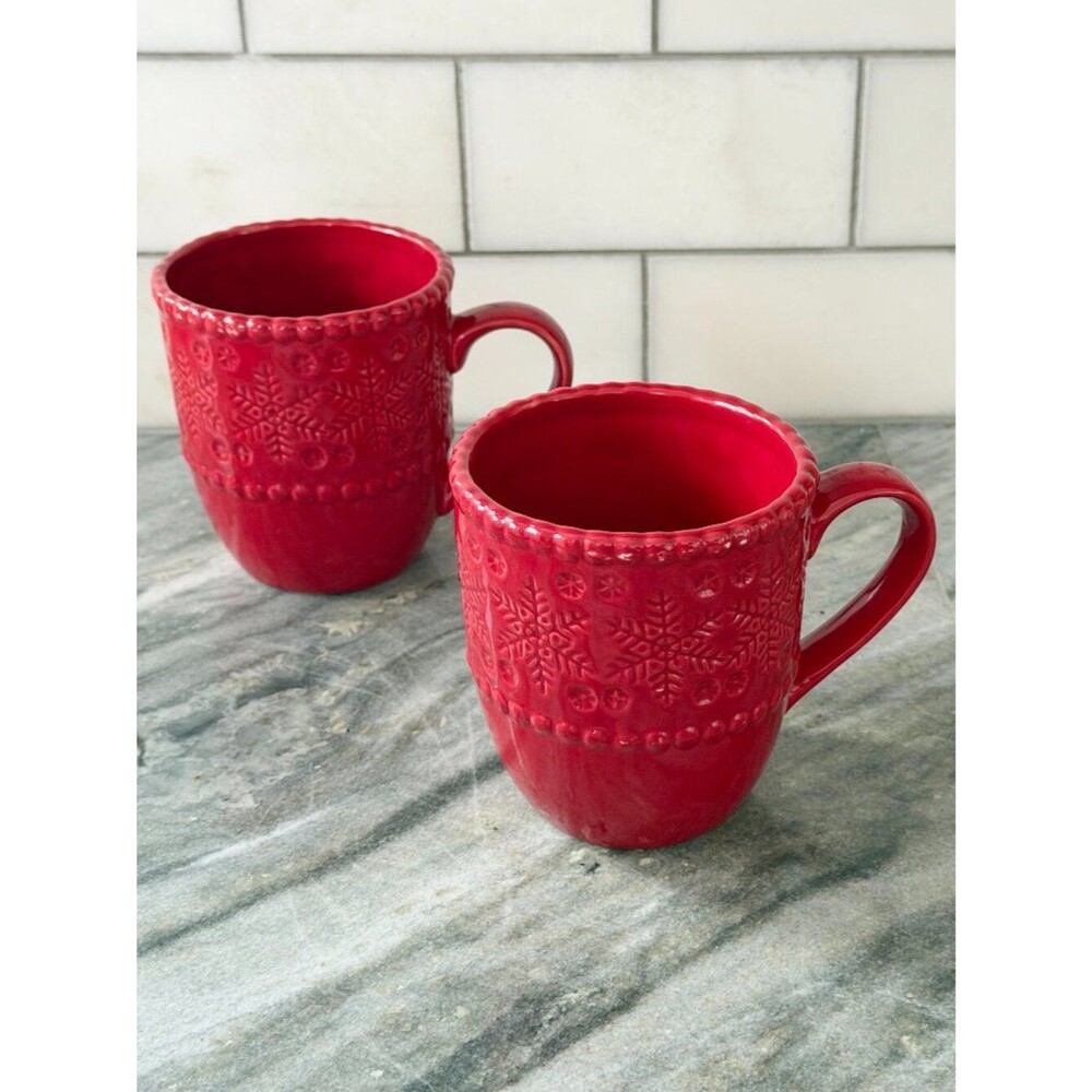 Pier 1 Imports Red Embossed Snowflake Mugs - Set of 2 Beaded Rim Stoneware